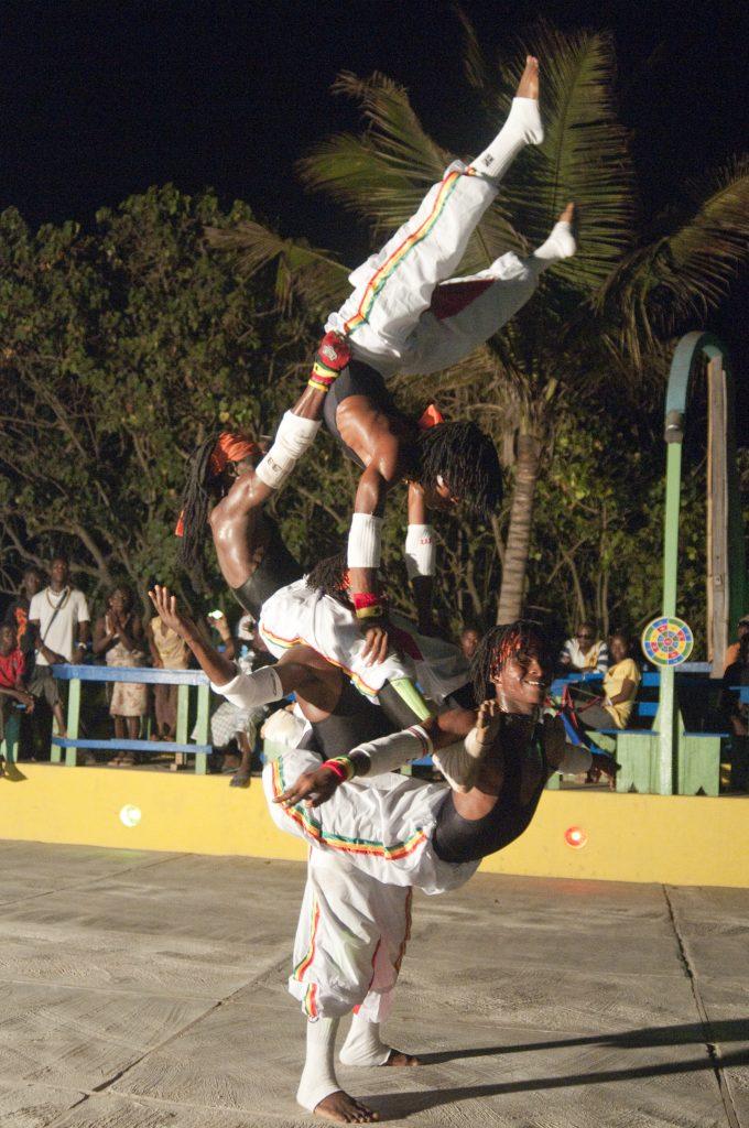 African Acrobatics Circus performingon each others shoulders in Ghana 2009